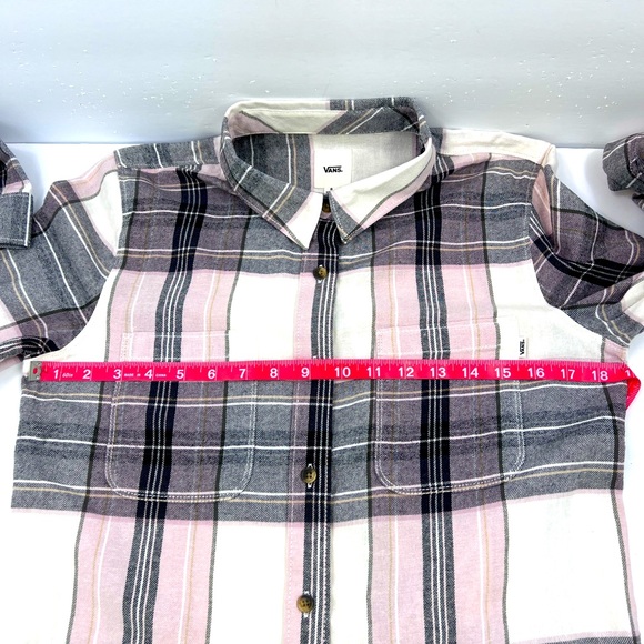 VANS, SMALL (S), FLANNEL LADIES LONG SLEVES SHIRT, BEIGE BASE GREY GREEN LINES - Picture 10 of 13